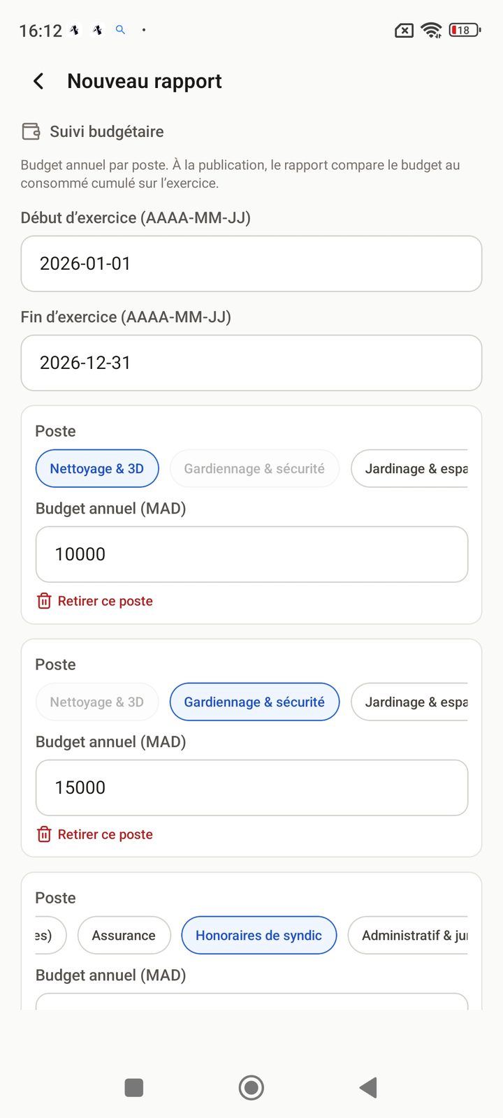 Suivi budgétaire sur mobile : budget annuel par poste