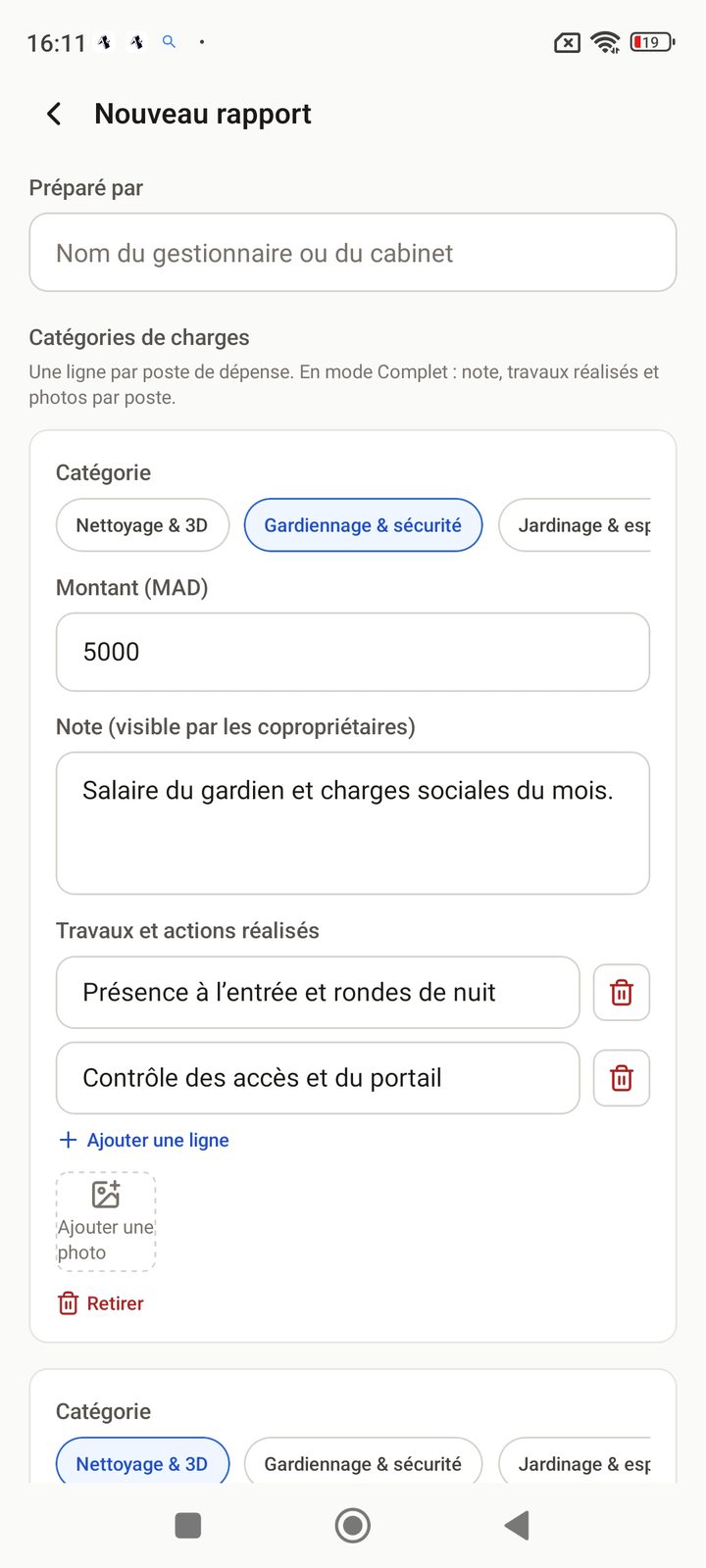 Catégories de charges avec notes et travaux réalisés