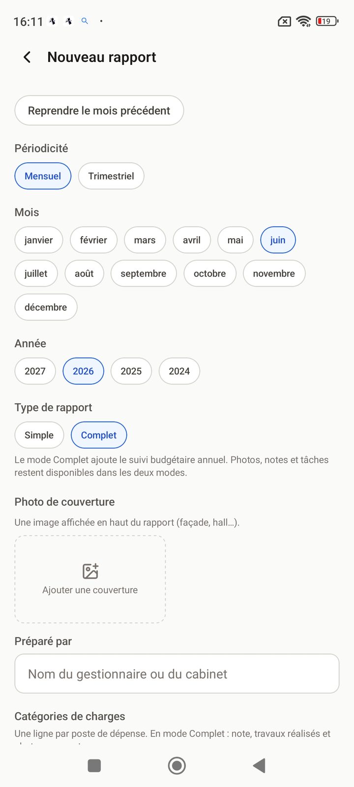 Création de rapport sur mobile : période et type