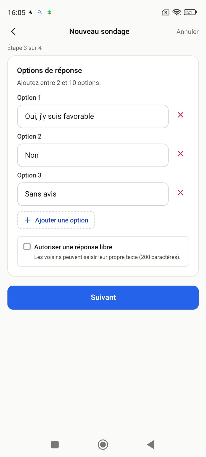 Création d'un sondage : options de réponse