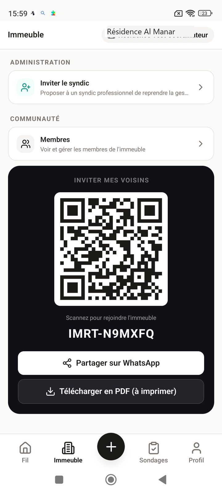 QR code et code d'invitation pour rejoindre l'immeuble