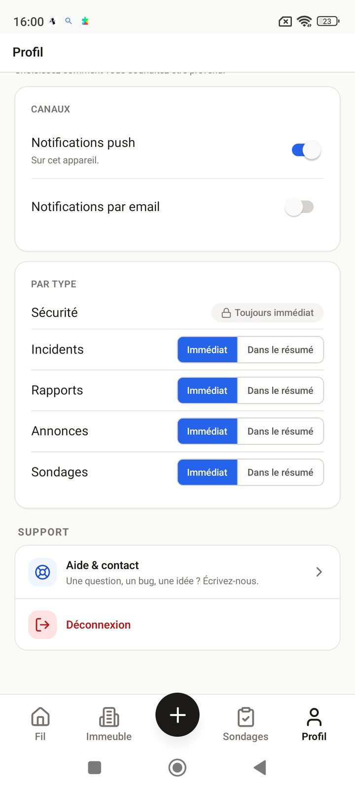 Préférences de notifications par type