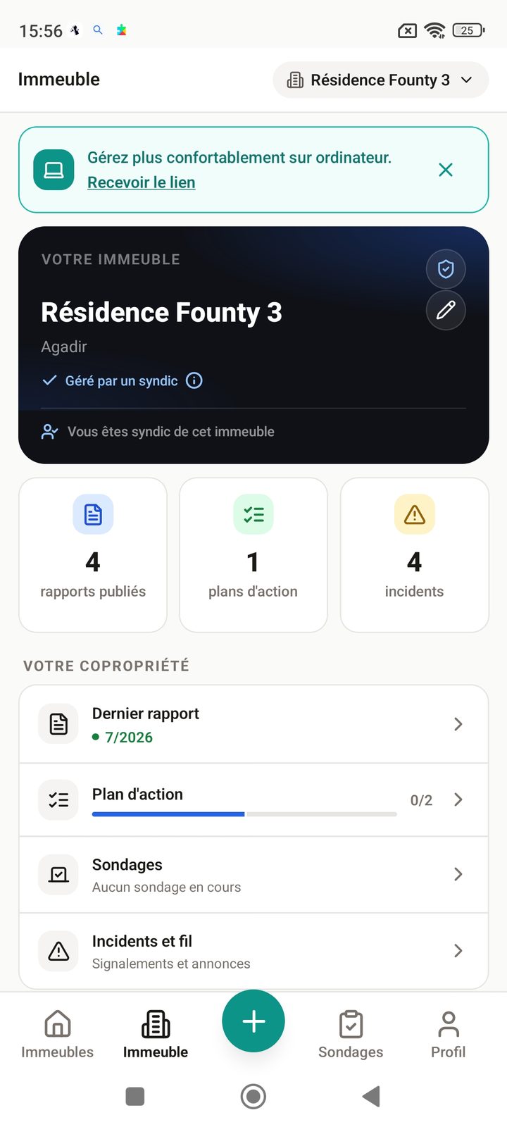 Hub immeuble côté syndic sur mobile