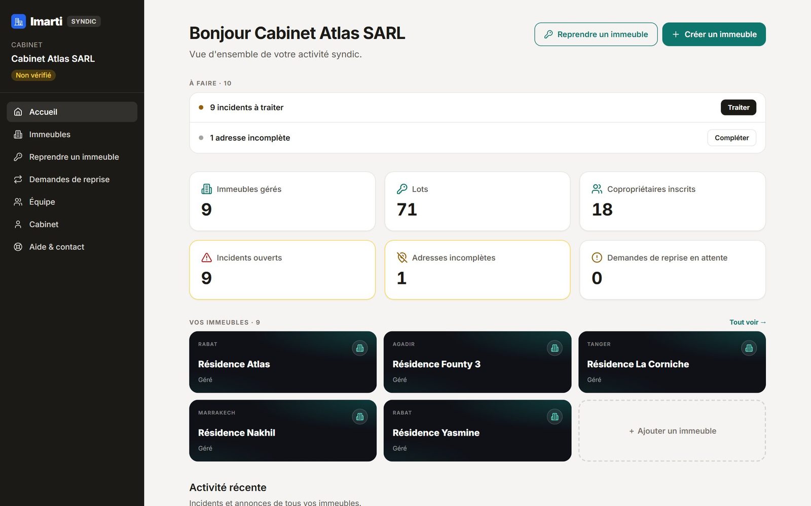Dashboard web syndic : vue d’ensemble du portefeuille