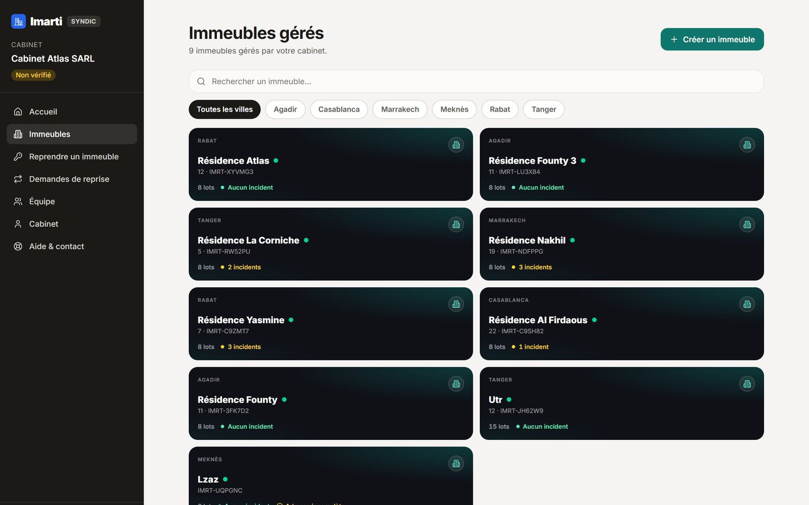 Liste des immeubles gérés dans le dashboard web